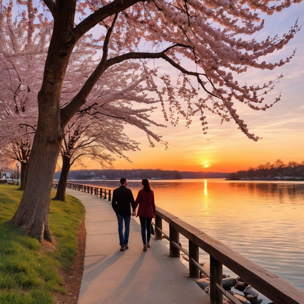 A romantic sunset over the picturesque Potomac River in Virginia, featuring a couple walking hand in hand along a scenic riverside pathway. Add charming Virginia landmarks like the cherry blossoms in bloom and cozy cafes in the background to emphasize the adventure of love. Include soft, warm hues to evoke feelings of romance and intimacy. vibrant colors. super-realistic.