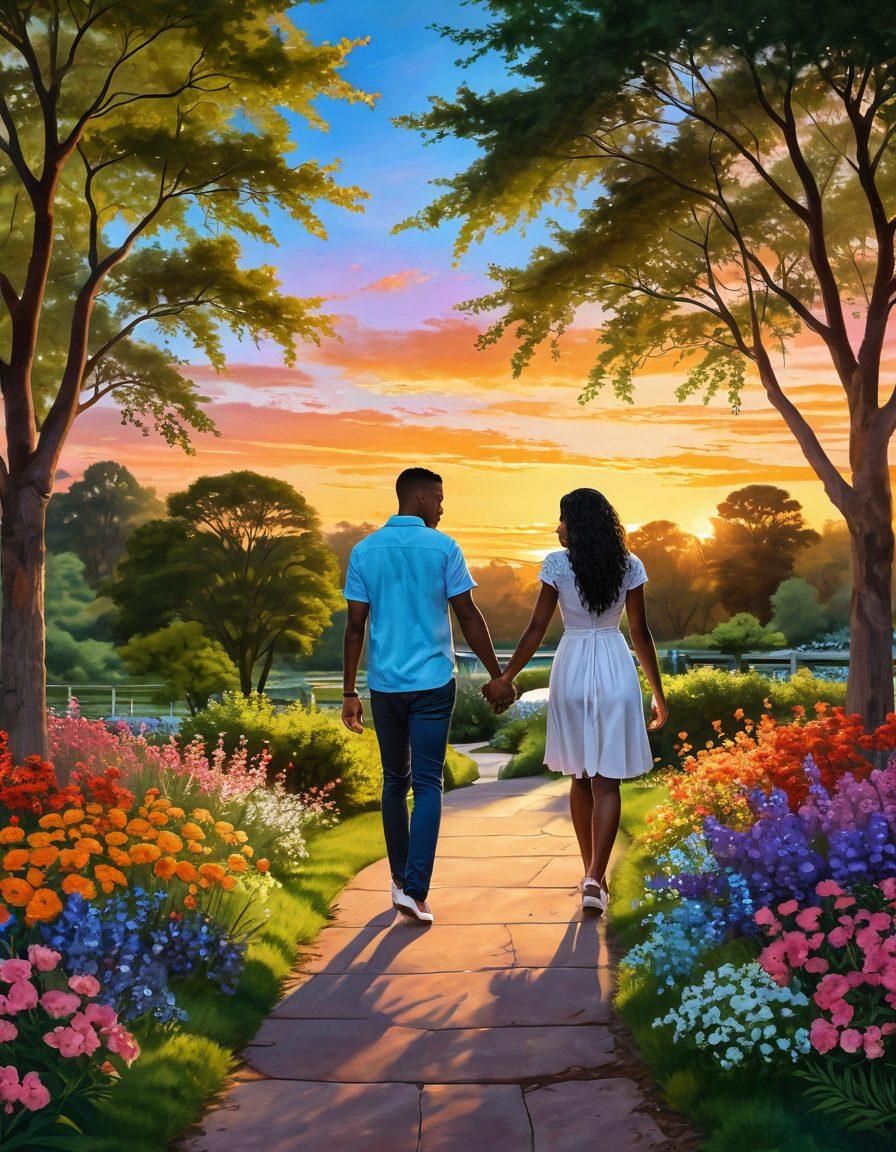 A romantic scene showcasing a diverse couple holding hands while walking through a picturesque DMV park, surrounded by lush greenery and vibrant blooming flowers. Include subtle hints of relationship symbols like intertwined hearts or love locks in the background. The sky is painted with a sunset glow to evoke warmth and affection. super-realistic. vibrant colors.