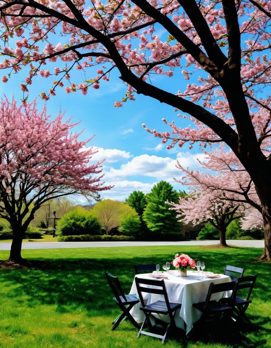 A charming Virginia landscape featuring a picturesque DMV office juxtaposed with a romantic outdoor event, like a wedding or a picnic, emphasizing the contrast between mundane tasks and love-filled moments. Include cherry blossoms blooming in the foreground and soft pastel colors to evoke a sense of warmth and romance. The sky should be bright with fluffy clouds, inviting a sense of joy and anticipation. surrealism. vibrant colors.